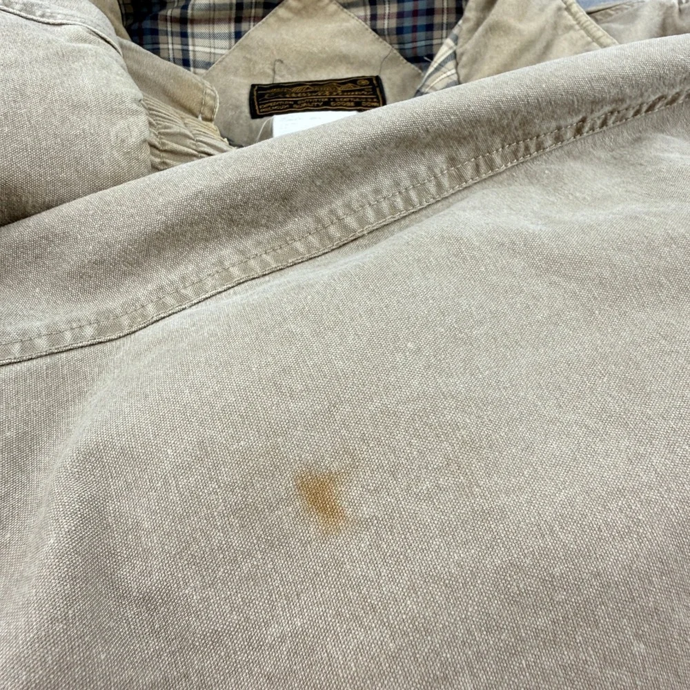 Eddie Bauer Mens XXL Tall Goose Down Bomber Jacket‎ Tan Cotton Plaid Lining Vtg